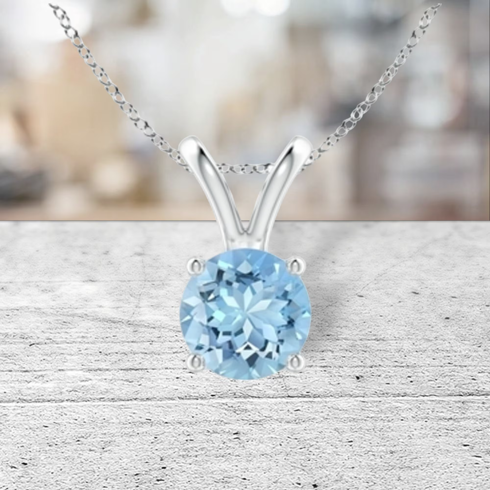 1.15 cttw. Aquamarine Solitaire Round Pendant Necklace in Solid Sterling Silver