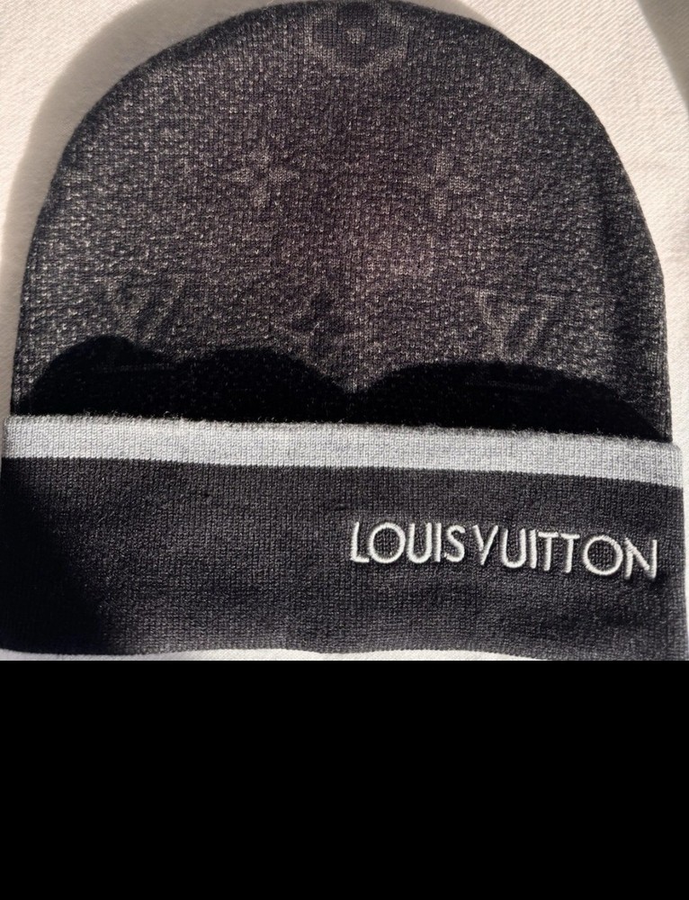 Louis Vuitton Black Gray Wool Knit Monogram Beanie Women's Winter Hat One Size