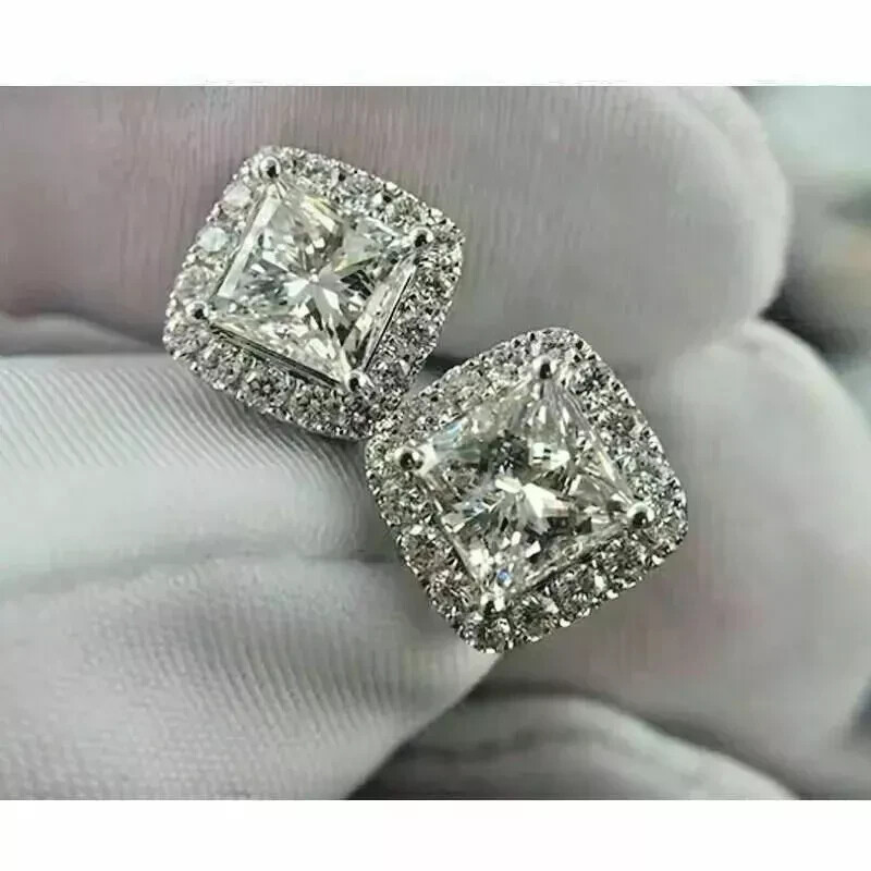 1.70Ct Halo Princess Cut Moissanite Stud Earrings in 14k White Gold