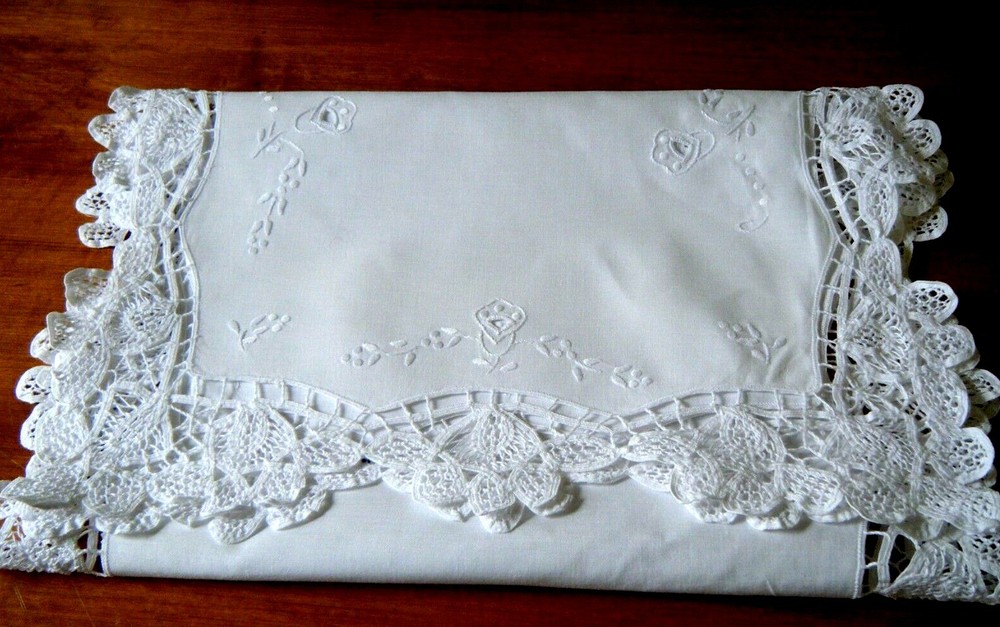 Victorian linen RUNNER  combo h embr/ry needle lace &drawn work & tape lace