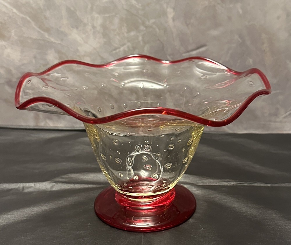 Vintage Hand Blown Ruby Red Clear Bubble Art Glass Compote Bowl