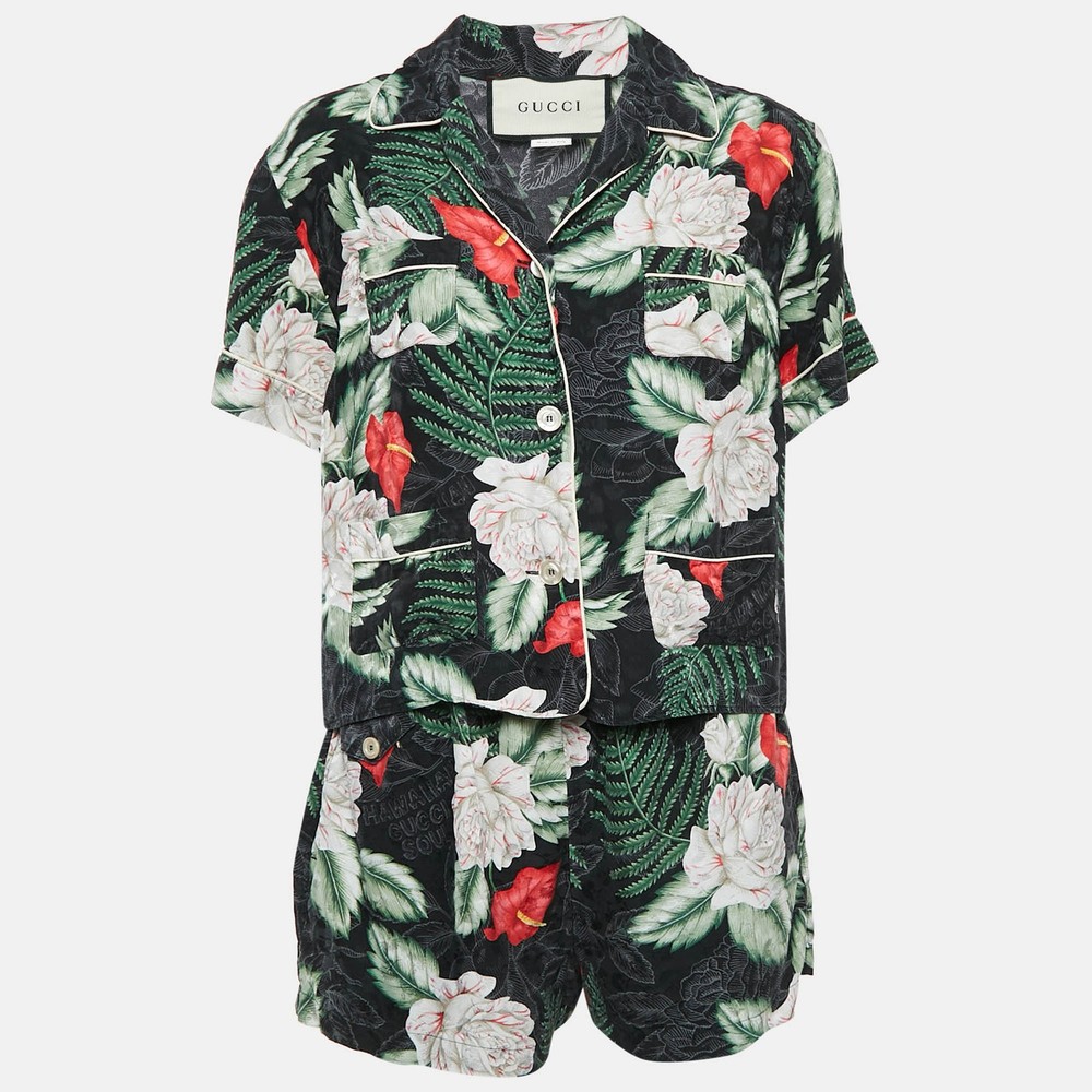Gucci Black Multicolor Floral Silk Shirt Shorts Set