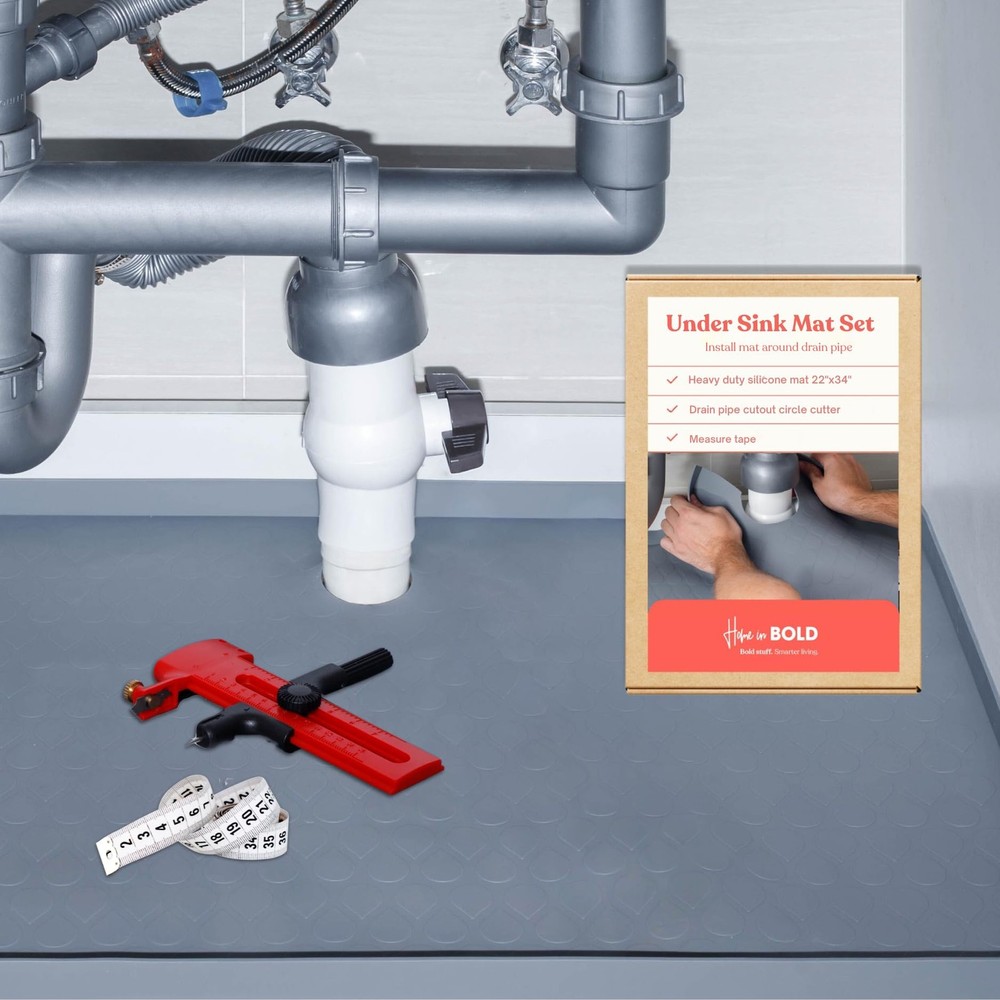 3 in 1 SET: Under Sink Mat with Cutout for Pipes - Cut to Size Under Sink Mat...