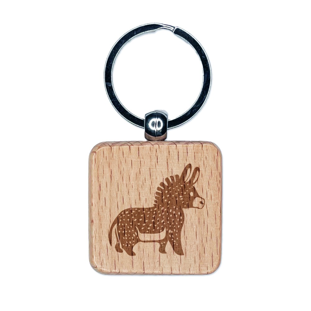 Cute Chubby Donkey Mule Engraved Wood Square Keychain Tag Charm