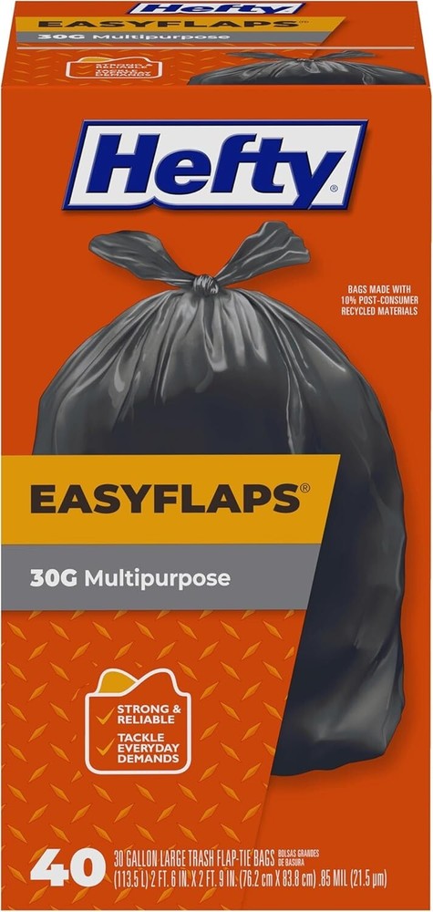 Hefty Easy Flaps Large Trash Bags, 30 Gallon, 40 Counts