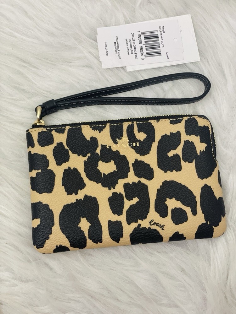 NWT Coach Corner Zip Wristlet in Leopard Print Multi Style CW859