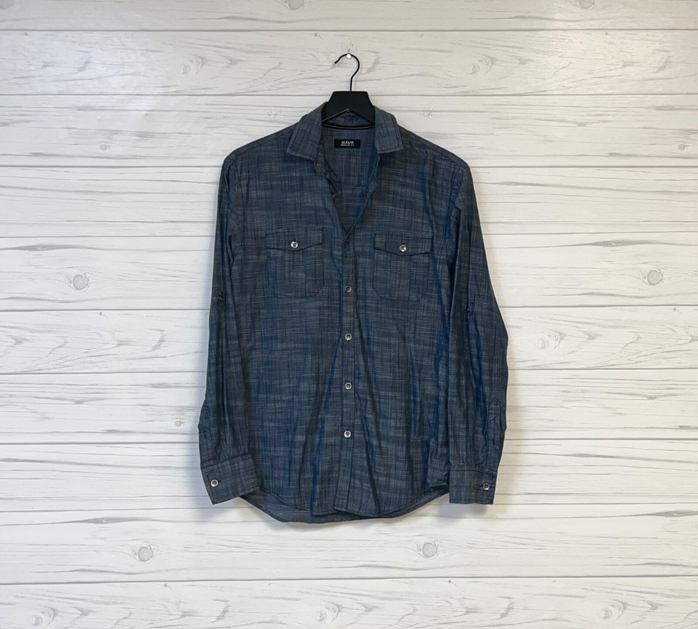 Alfani shirt mens size small button up long sleeve blue regular fit stretch