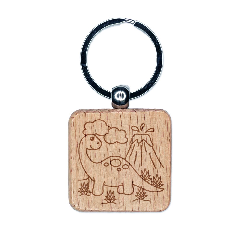 Brontosaurus Dinosaur Engraved Wooden Keychain Charm with Volcano Design