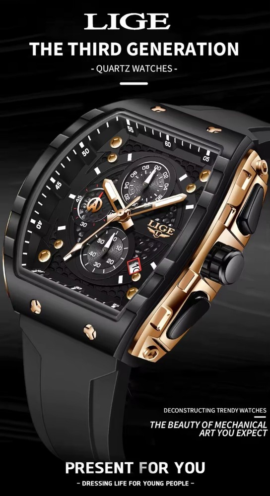 LIGE Black Luxury Mens Quartz Watch with Silicone Strap