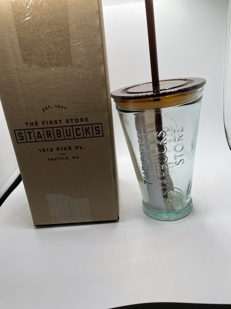 STARBUCKS Recycled Glass Cold Cup 16 oz Grande First Store Pike Place Brown.