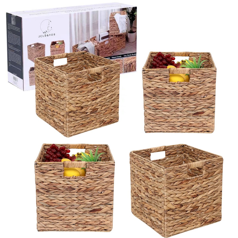 Foldable Handwoven Water Hyacinth Wicker Storage Basket Cube Rectangular Organizer