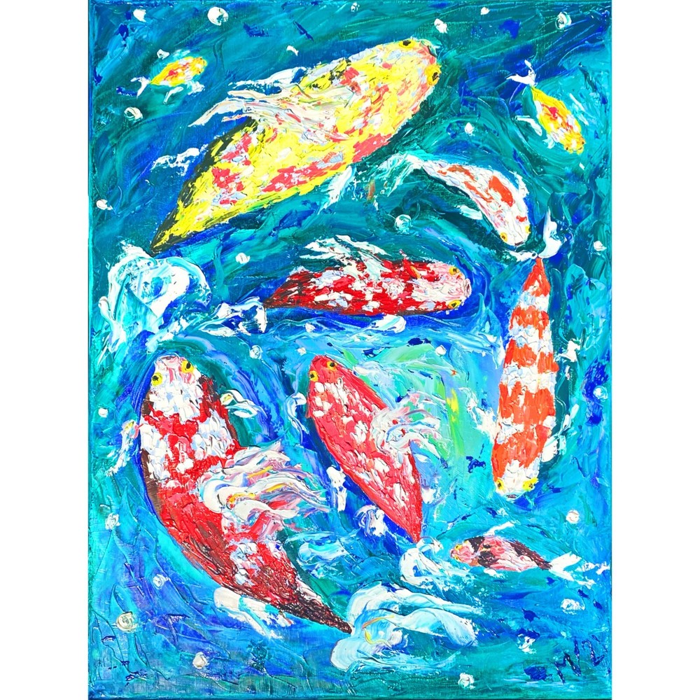 Koi Art Original Painting Fish Painting Authentic Animal Wall Art Canvas Art Oil