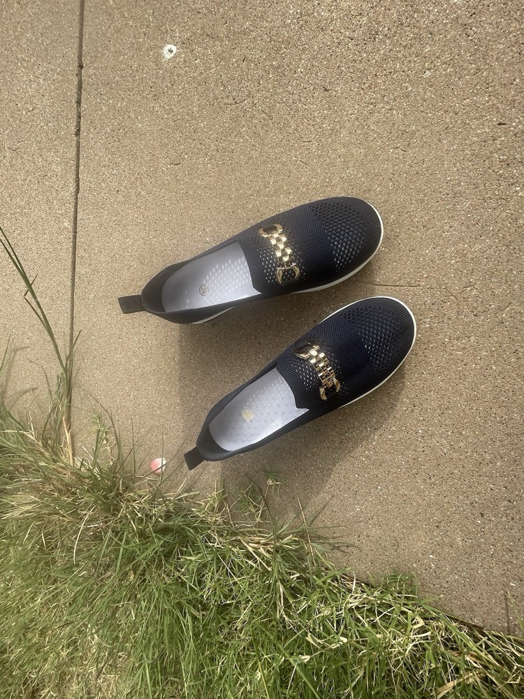 Navy Blue Slip-On Wedged Shoes with Gold Accents, Size 7