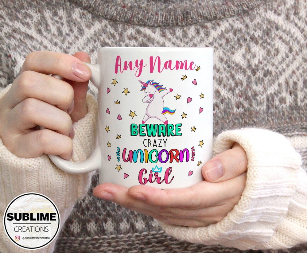 Personalised Beware Crazy Unicorn Girl Custom Name Mug Funny Coffee Tea Hot