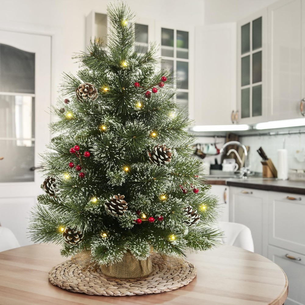 Mini Artificial Plant Trees with Flocked Pine Needles, Pine Cones, Berries De...