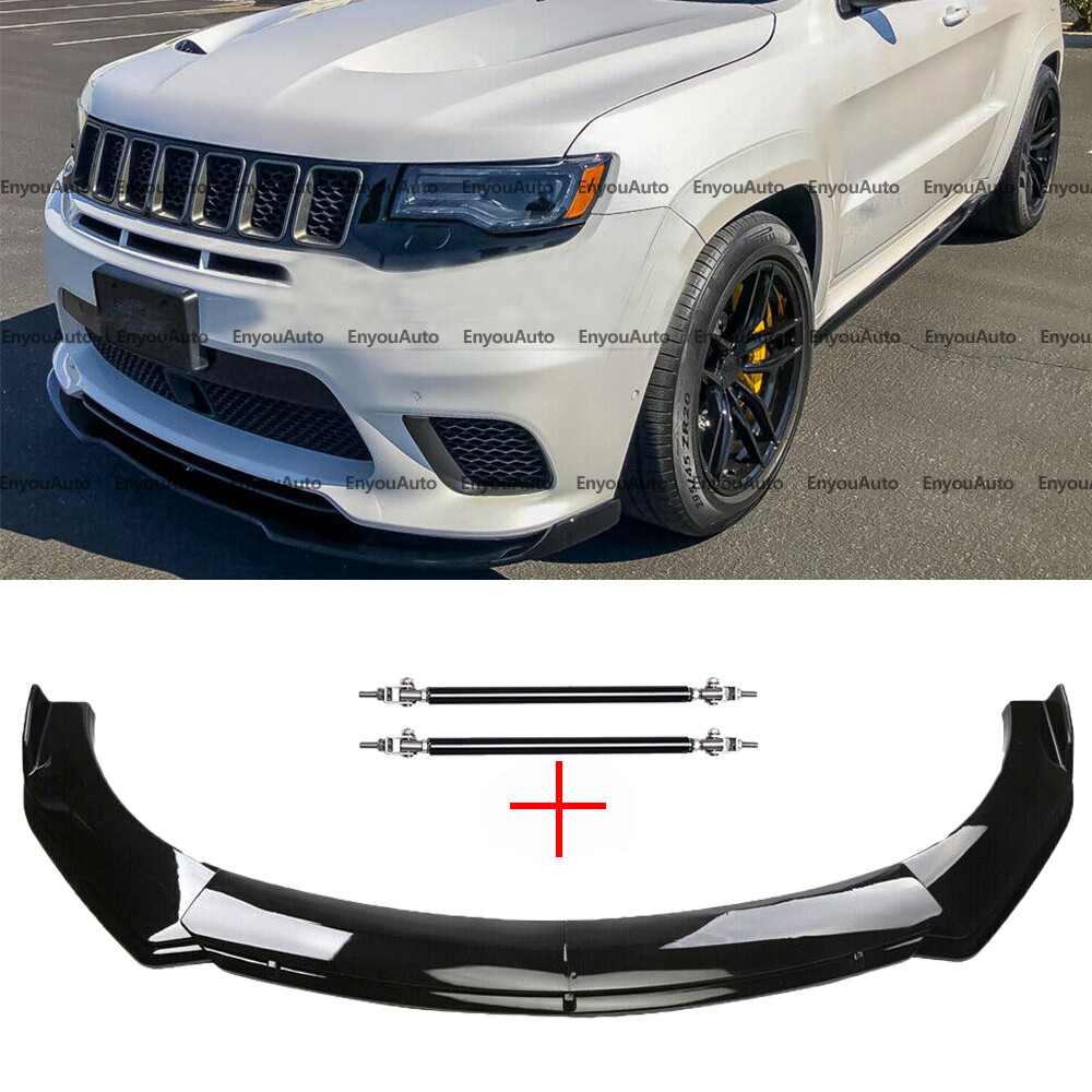 For JEEP Grand Cherokee Front Bumper Lip Spoiler + Strut Rods Glossy Black