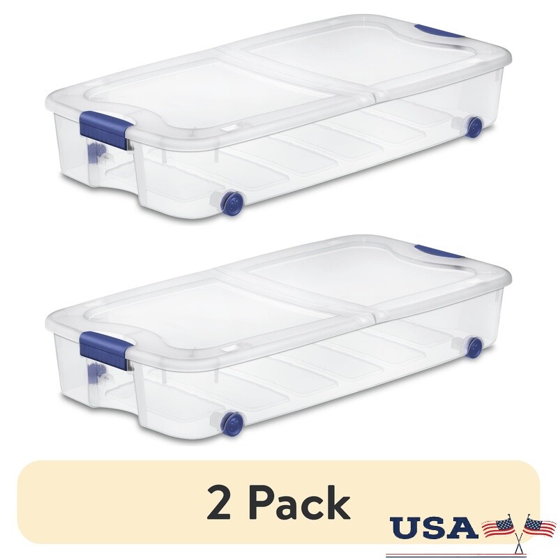 2 Pack Clear Wheeled Underbed Storage Bins with Latch for Clothing & Linens