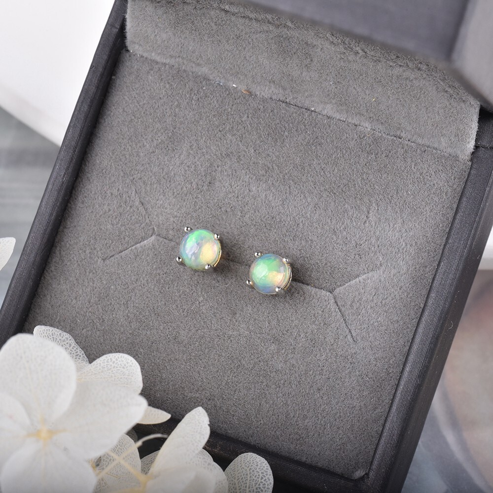 Genuine Natural Opal Women Gemstone Round Stud Earrings