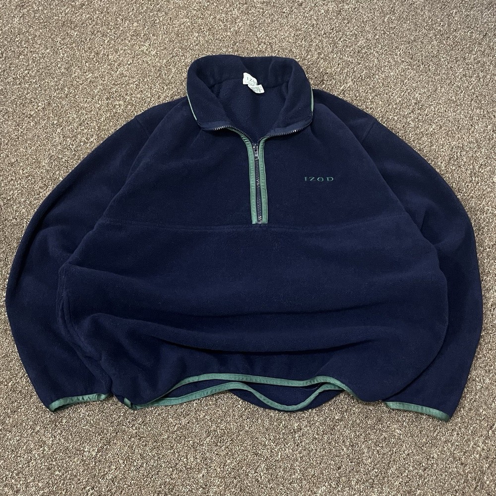 VTG 90s IZOD Quarter Zip Men’s Large Navy Green Polyester Preppy Fall Warm