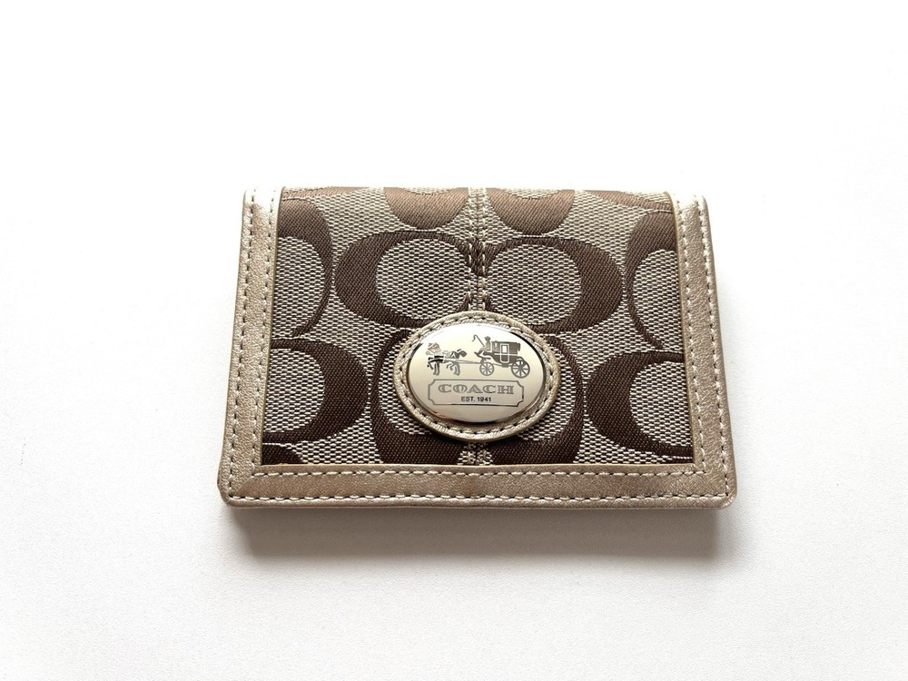 COACH Signature Card Case ID Holder Brown Gold Logo Leather Canvas Wallet
