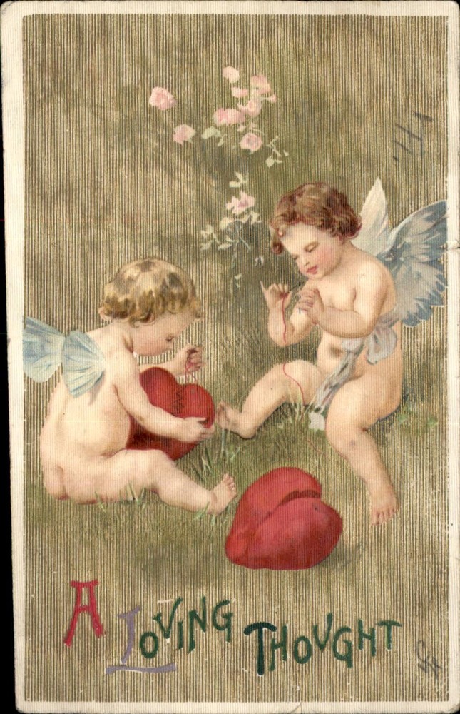 Valentine Cupids Sewing Mending Hearts Gilt Embossed WINSCH Vintage Postcard