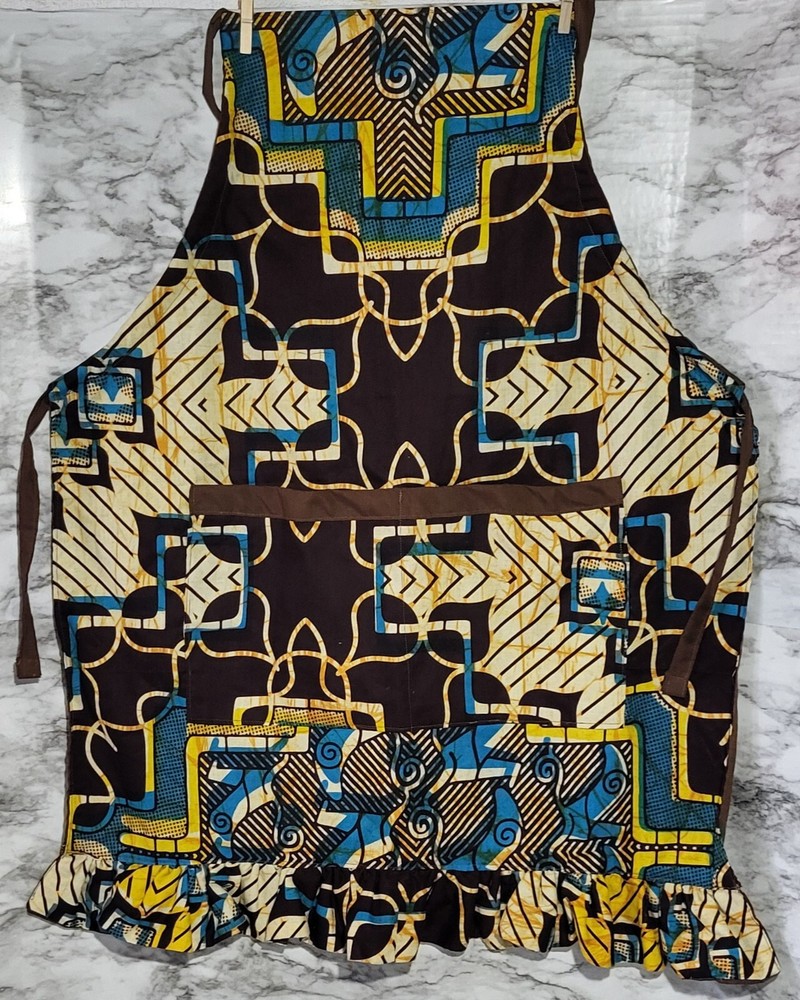 Handmade Brown and Blue Full Apron with Pockets, Ruffled Hem & Short Ties-image