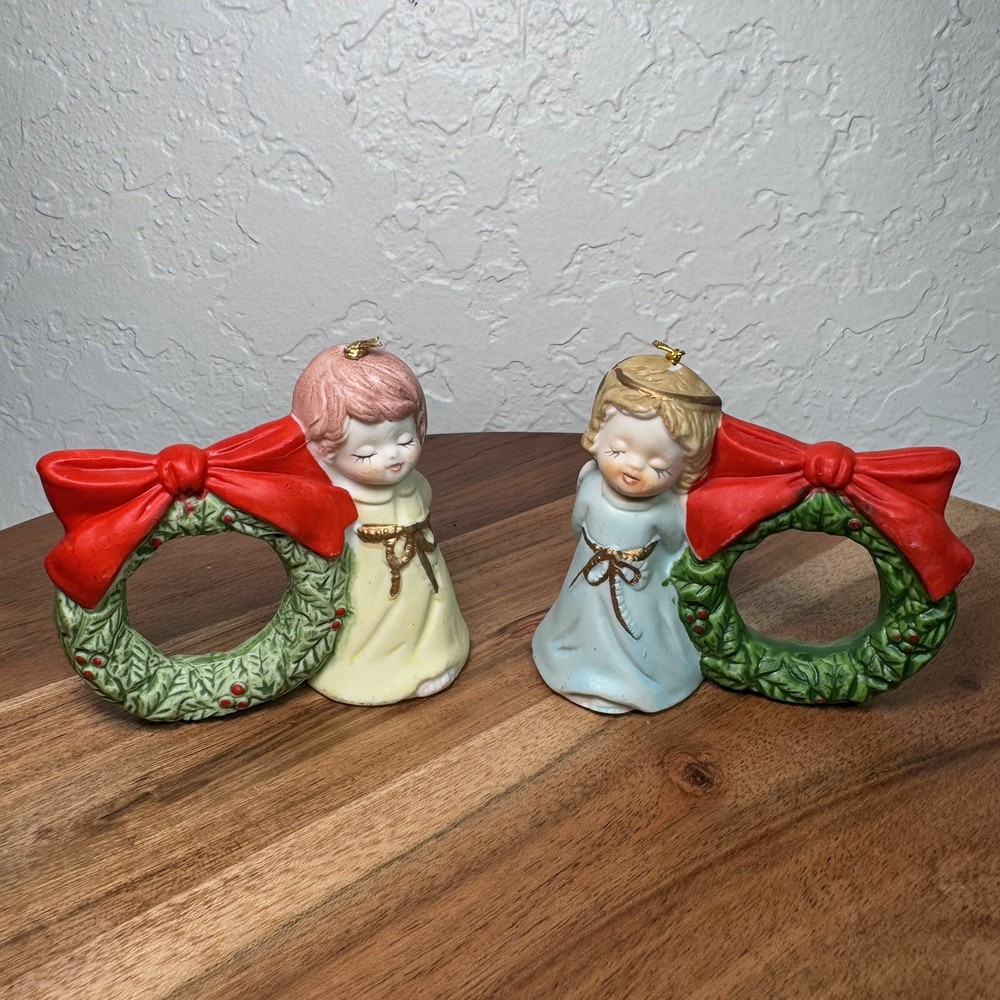 Vintage 70’s Jasco Little Chimers Christmas Bell Napkin Rings 2 Angel Wreathes