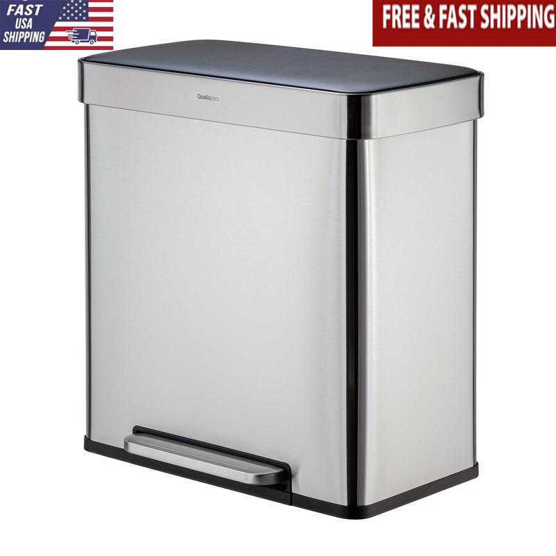 16 Gallon Dual Compartment Step Trash Can Stainless Steel Odor Filter Hands-Free
