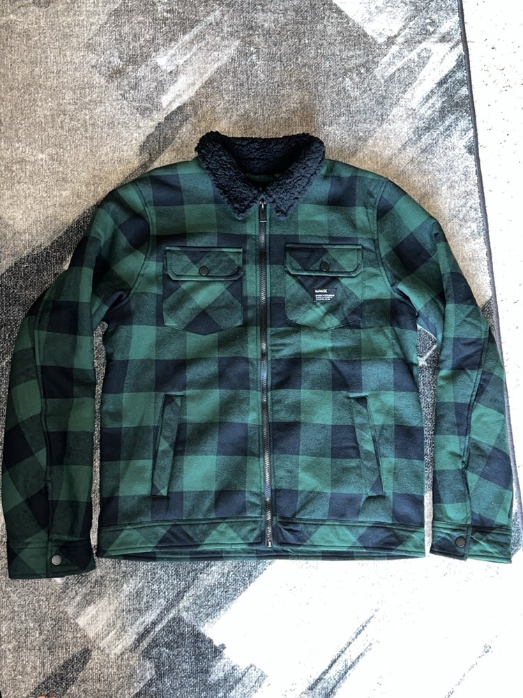 Hurley Men’s Flannel Trucker Jacket - Sherpa Lined Fleece Plaid Collared Shirt