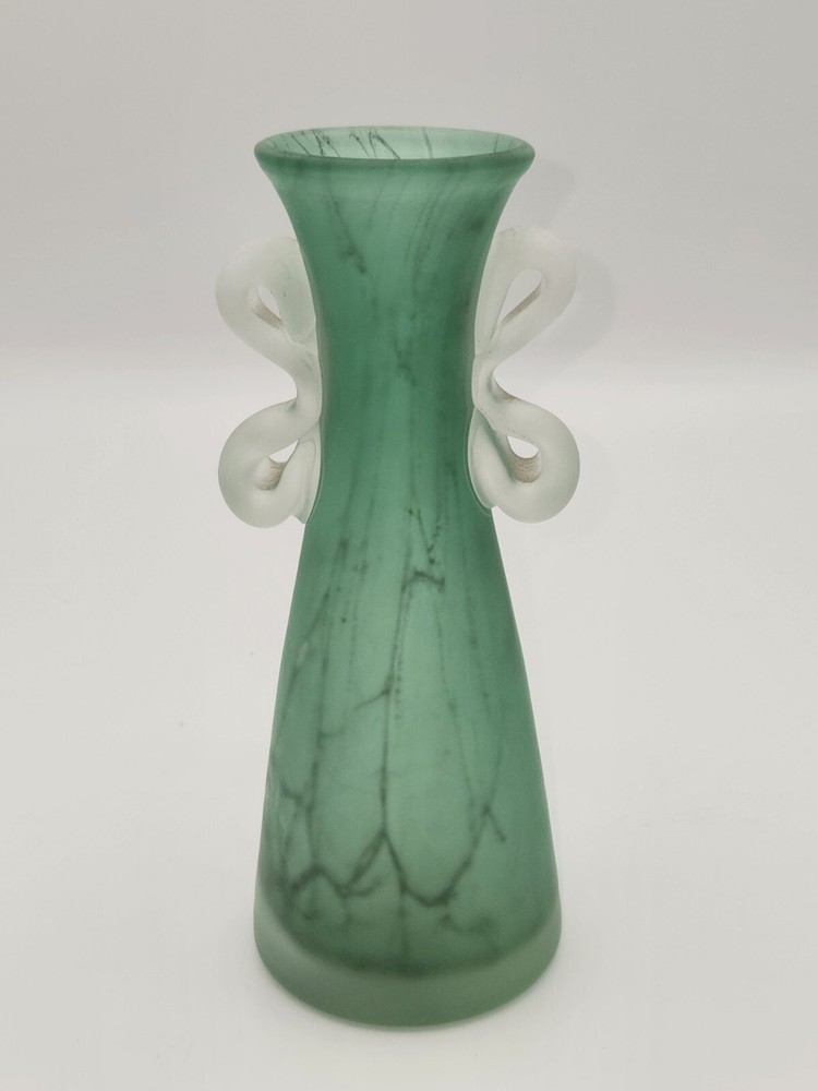 Israeli Satin Green Frosted Glass Bud Vase with Handles - 6.5 Inches
