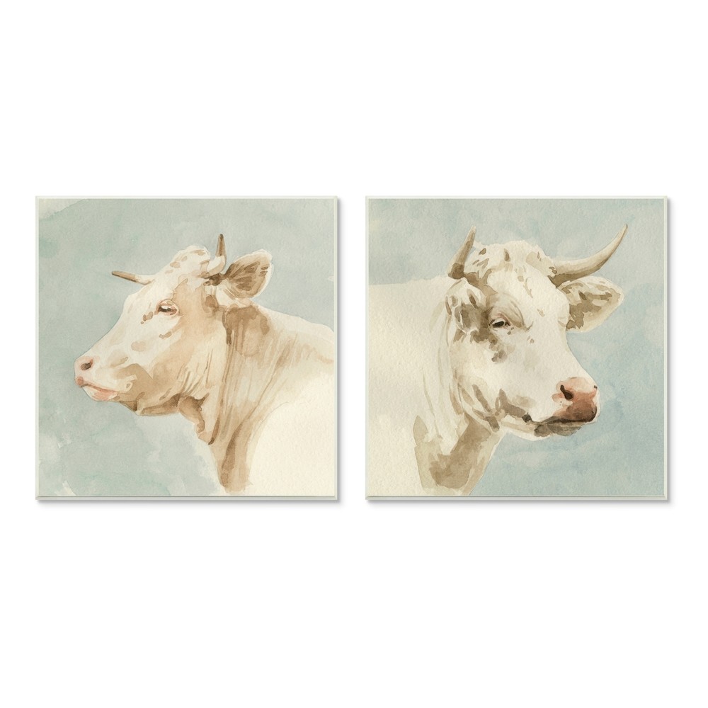 Stupell Vintage Farm Cattle Cows Watercolor Portrait Beige Blue 12 x 12