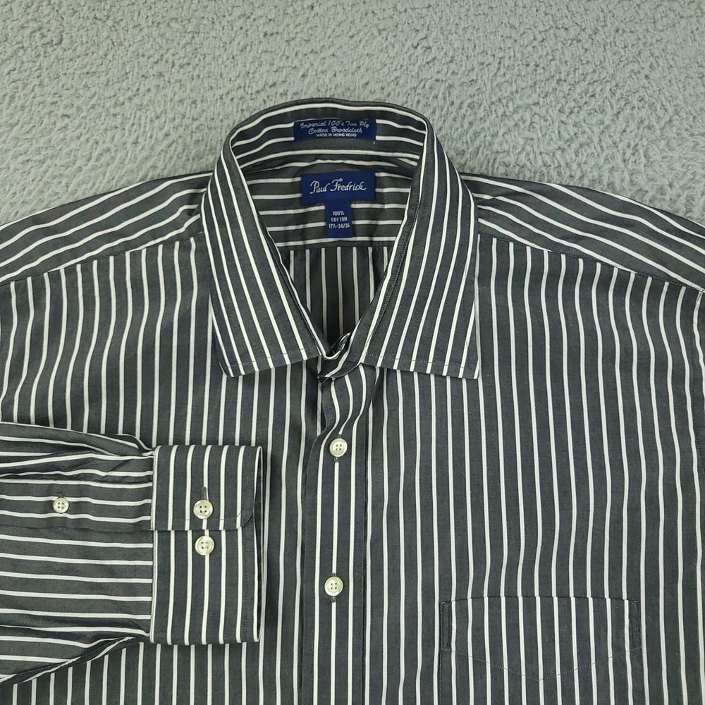 Paul Fredrick Dress Shirt Mens 17.5 34/35 Gray Stripe Cotton Point Collar Pocket