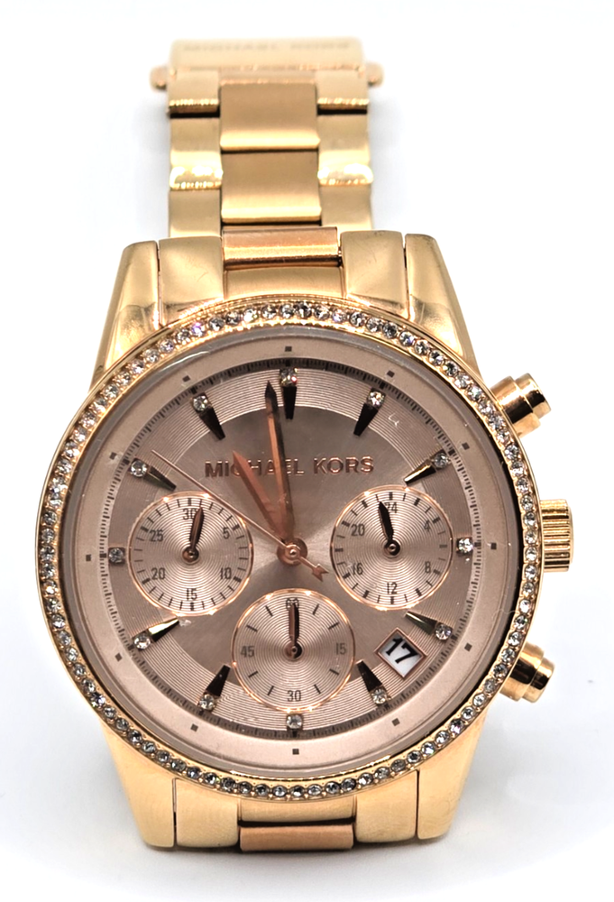 Michael Kors Gold Tone Chronograph Crystal Bezel Date Womens Watch MK6357 Steel