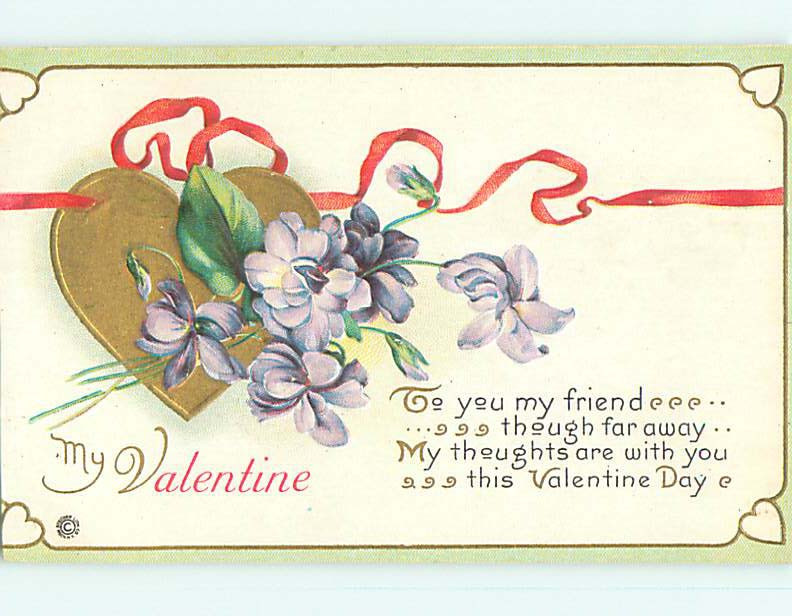 Golden Heart with Purple Flowers Divided-Back Valentine - Make Offer R4083