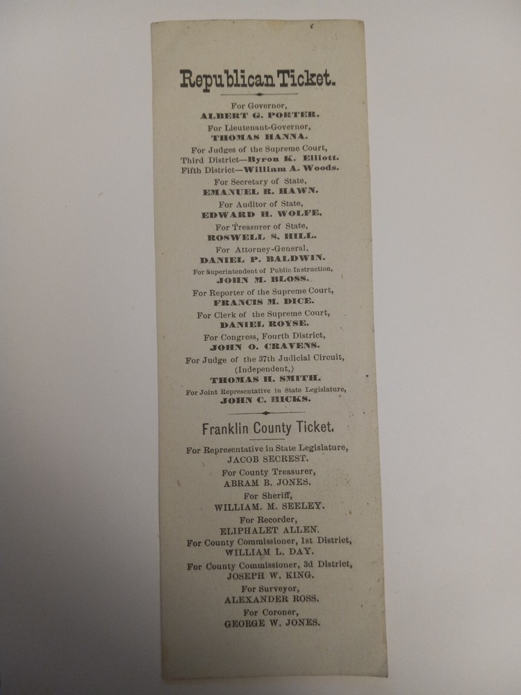 1881 Franklin County, Indiana Republican Ticket Albert G. Porter