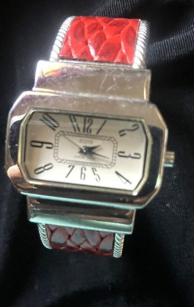 Ecclissi #32965 Genuine Sterling Silver Woman's  Cuff Watch Red Leather Band