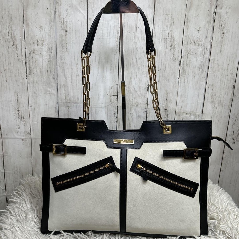 Authentic Gucci Suede Leather Chain Tote Shoulder Bag with Logo