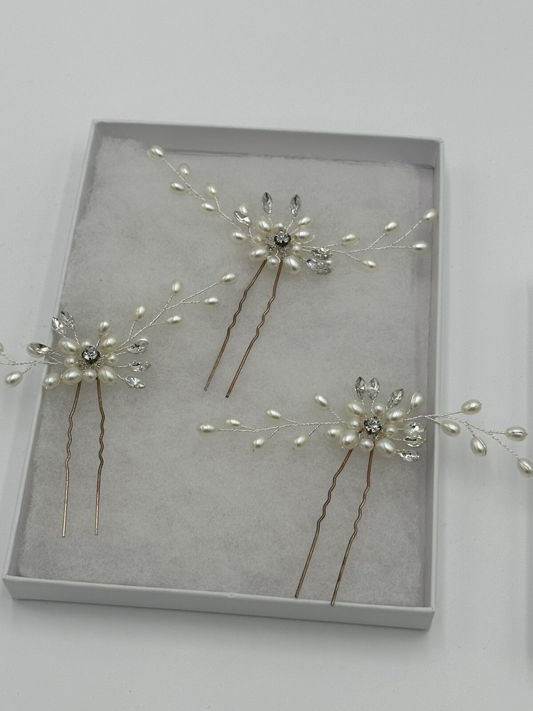 Elegant Pearled Crystal Hair Pins Set of 3 for Weddings Prom Formals  