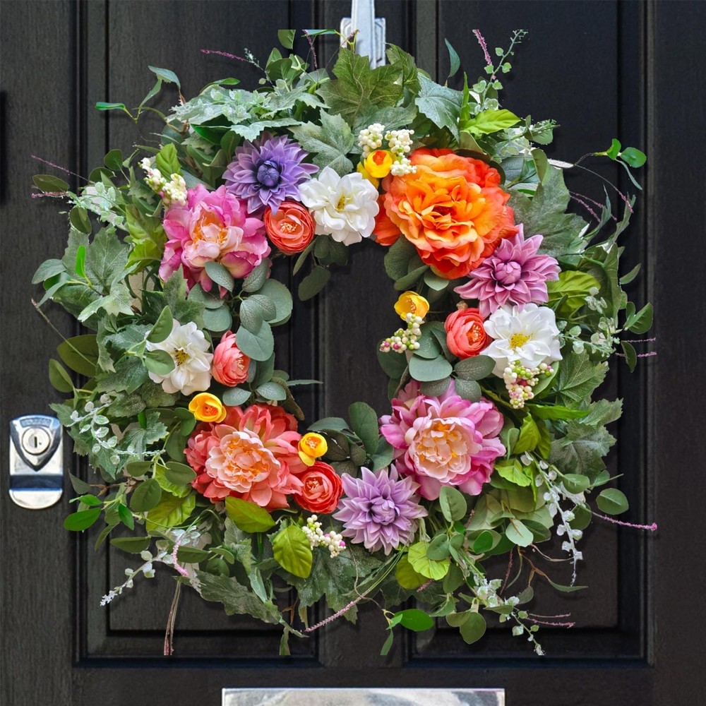 26-Inch Spring Floral Wreath with Peonies & Dahlias for Front Door