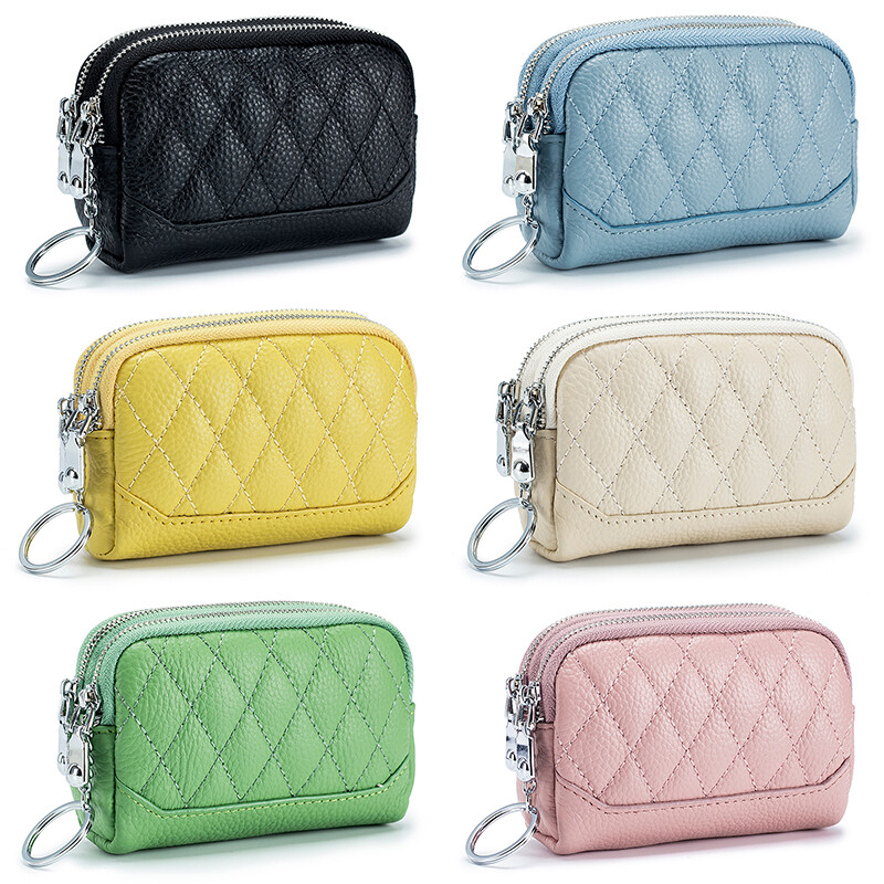 Cowhide Mini Wallet Key Chain Coin Purse Genuine Leather Double-Layer Zipper