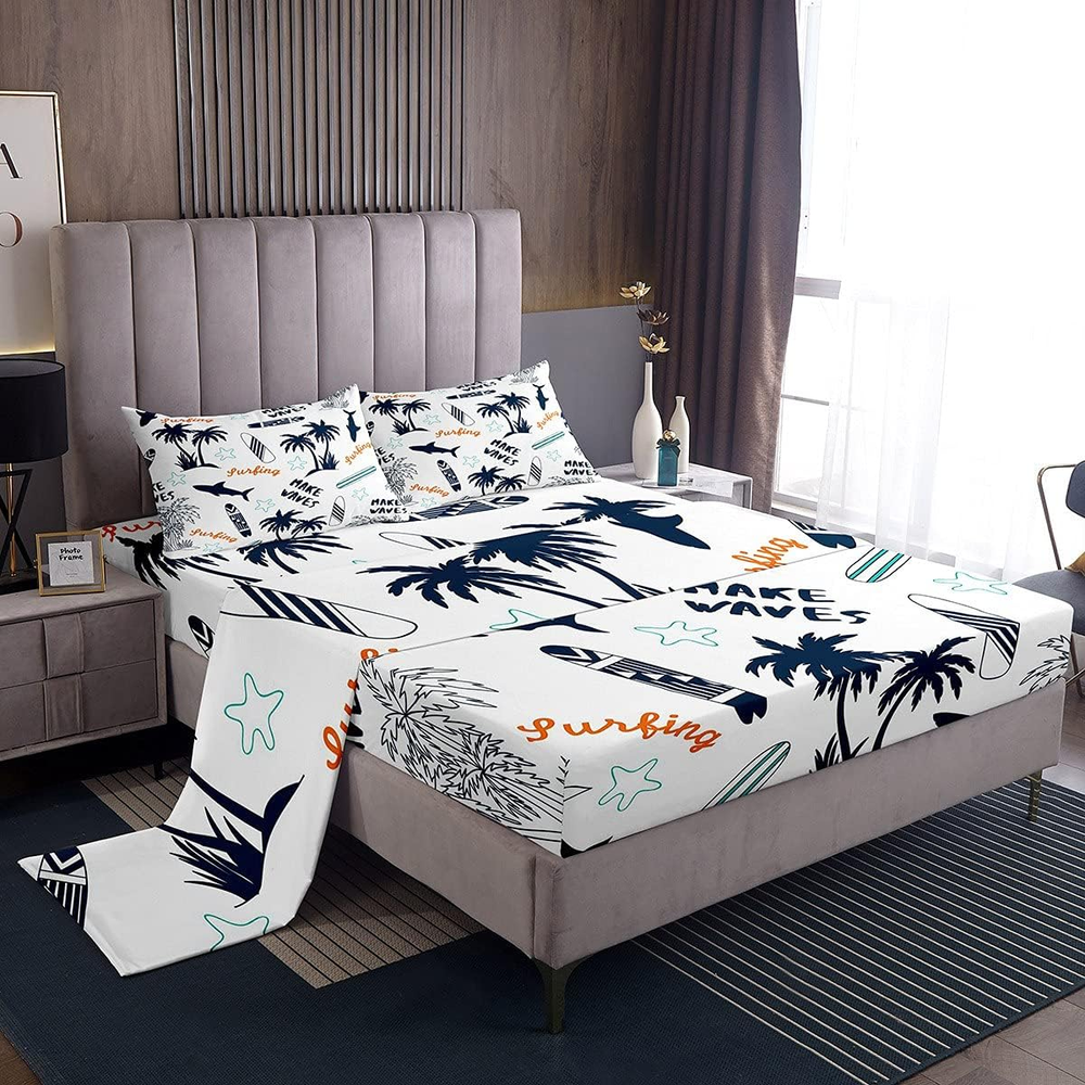 Palm Tree Bed Sheet Set Queen for Kids Surfboard Bedding Set Surfing Sports Shee