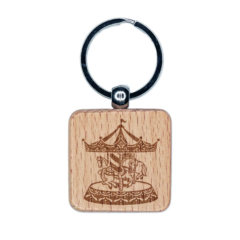 Carousel at a Carnival Fair Park Merry-Go-Round Engraved Wood Square Keychain