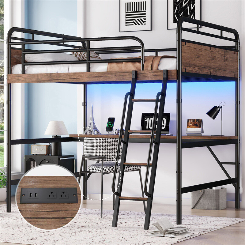 Full Size Black Metal Loft Bed with Built-In Desk LED Lights and USB Charging for Kids-image