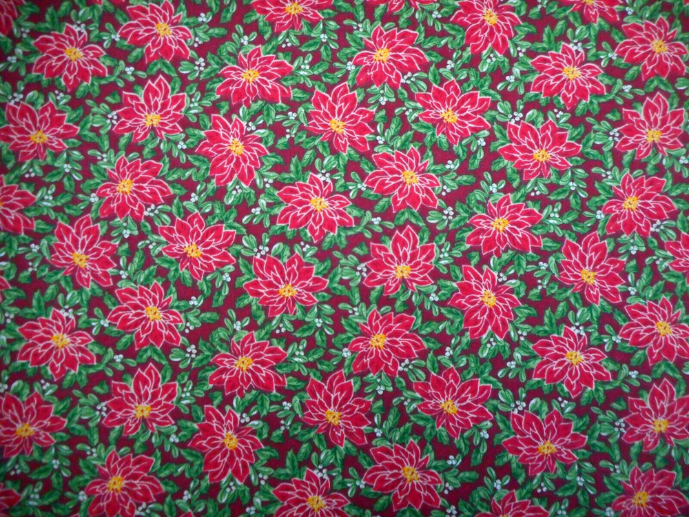 Christmas Fabric By Yard Pink Poinsettias Green Leaves on Maroon Cotton Vtg #61