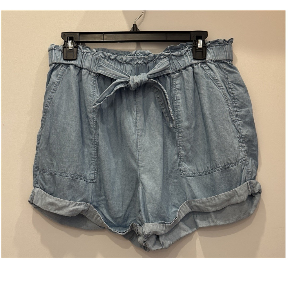 Aerie Paperbag Light Blue Women's Chambray Tie Elastic Waist Shorts Size L