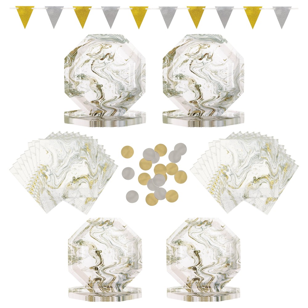 Celebrate! Gold & Silver Marble Party Tableware and Decoration Kit for 16 Guests