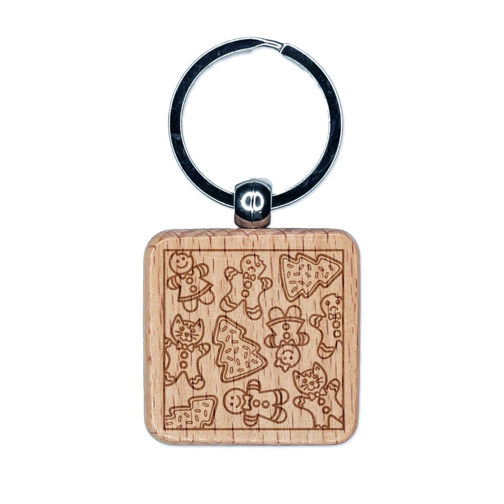 Christmas Cookie Pattern Engraved Wood Square Keychain Tag Charm