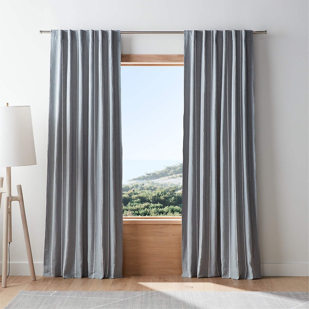 Crate & Barrel Pinstripe Linen Blackout Curtain Panel - 52x108 - Mist Blue - NWT