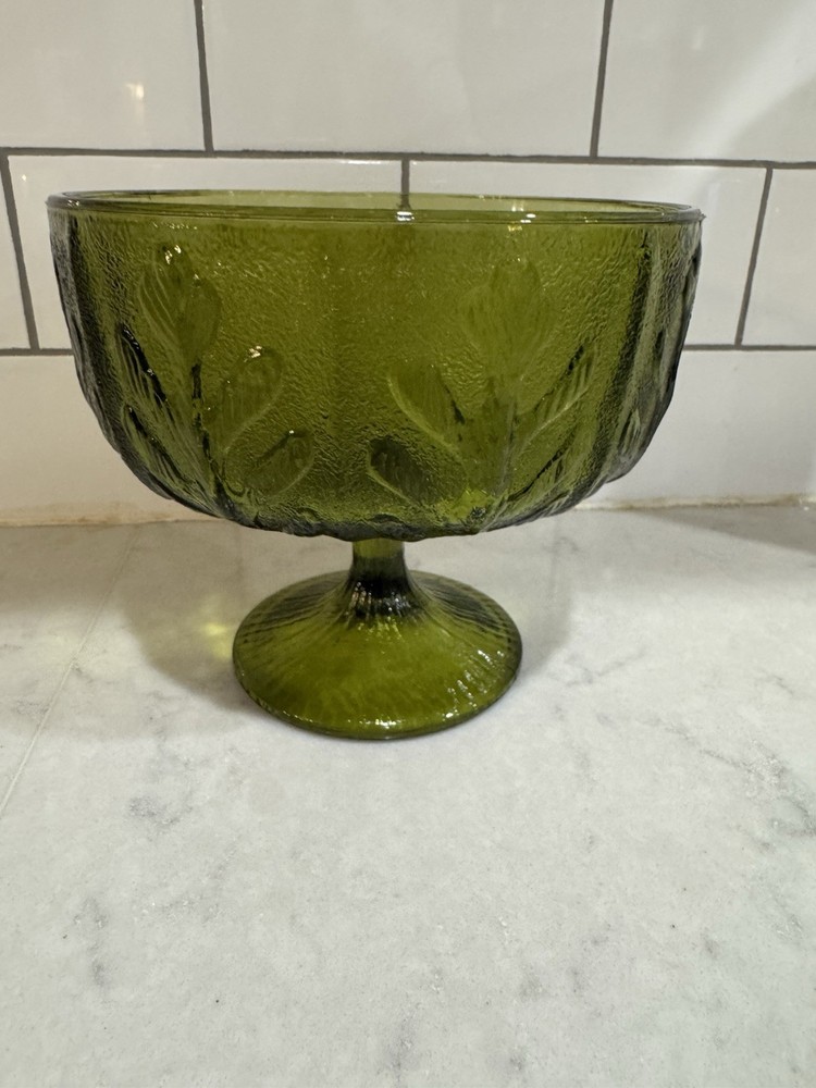 Vintage 1975 FTD Green Glass Oak Leaf Pedestal Planter Bowl