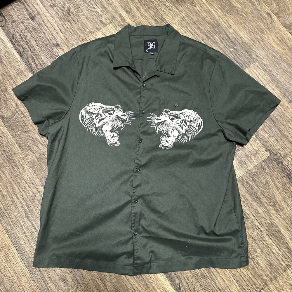 Ed Hardy Men’s Green Tattoo Button Down Short Sleeve Shirt With Tigers Size XXL